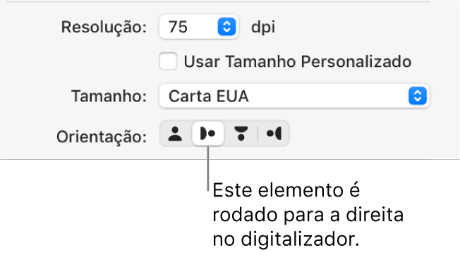 Os botões de Orientação na janela Scanner. Um botão destacado indica que um item está girado para a direita no scanner.