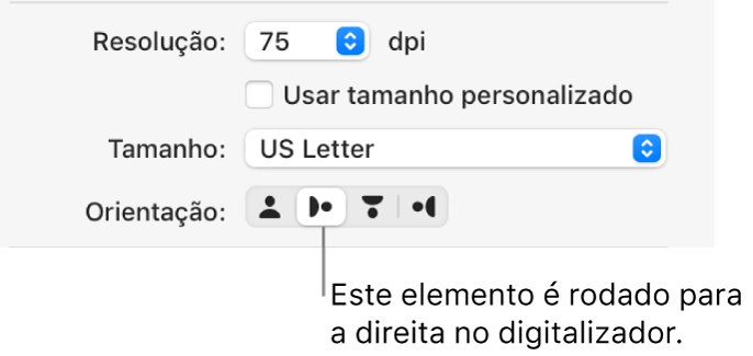 Os botões Orientação na janela Digitalizador. Um botão em destaque indica que um elemento é rodado para a direita no digitalizador.