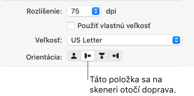 Tlačidlo Orientácia v okne Skener. Zvýraznené tlačidlo oznamuje, že položka na skeneri sa otáča doprava.