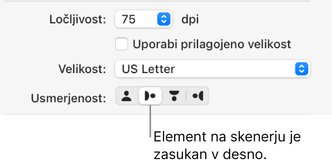 Gumbi za obračanje v oknu skenerja. Osvetljeni gumb pomeni, da je element v skenerju obrnjen proti desni.