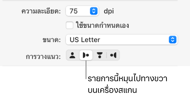 ปุ่มแนวในหน้าต่างเครื่องสแกน ปุ่มที่ไฮไลท์ระบุว่ารายการถูกหมุนไปทางขวาบนเครื่องสแกน