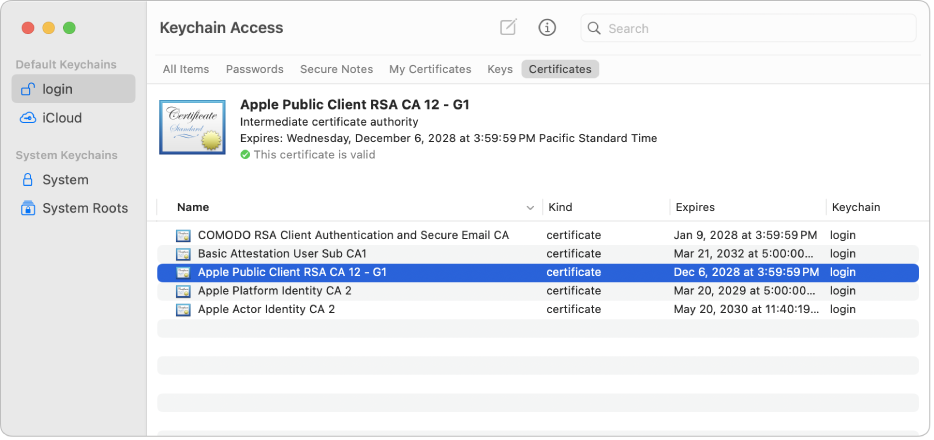 The Keychain Access window showing certificates.