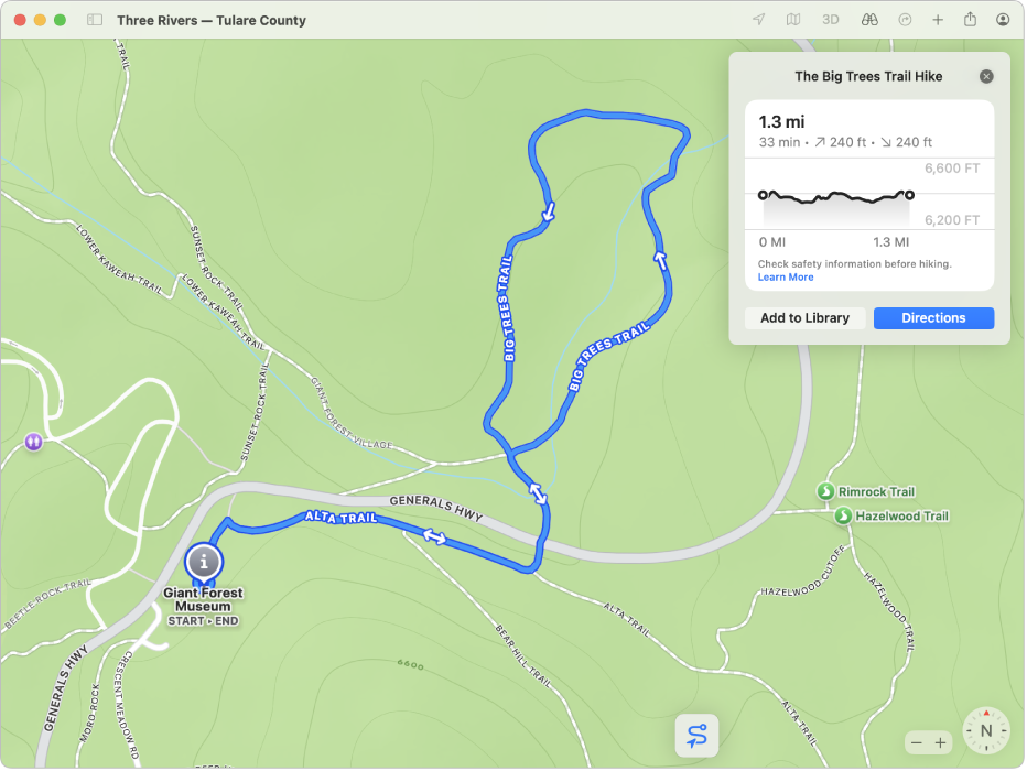 Eine topografische Karte eines Wanderweges mit Angaben zur Dauer, Höhenunterschiede und Route.