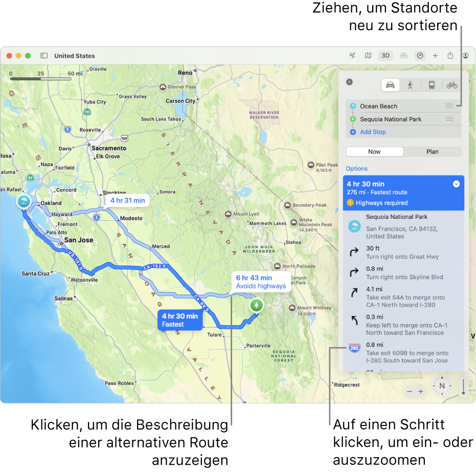 Eine Karte der San Francisco Area mit Beschreibungen von Fahrtrouten zwischen zwei Orten. Auf der Karte werden auch alternative Routen angezeigt.