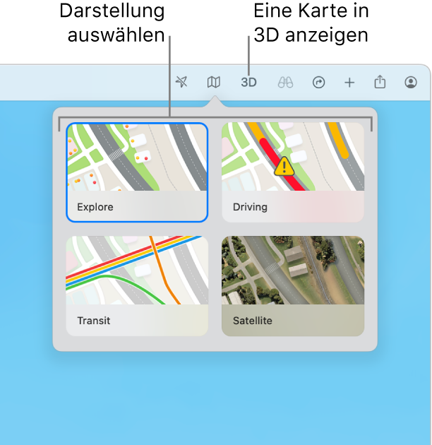 Die Taste „Karte“ wurde in der Symbolleiste angeklickt und vier Kartenansichten sind verfügbar. Erkunden, Fahren, ÖPNV und Satellit.