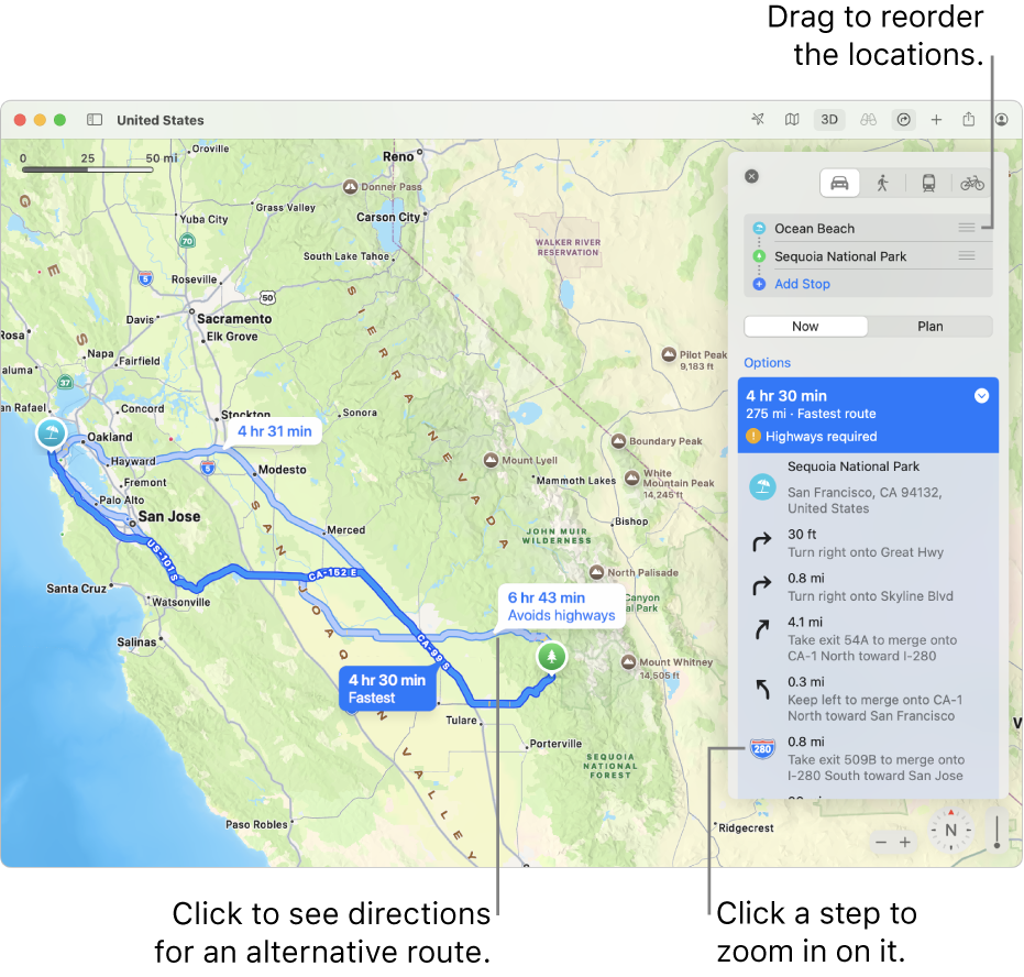 A map of the San Francisco area with directions for a driving route between two locations. Alternative routes are also shown on the map.