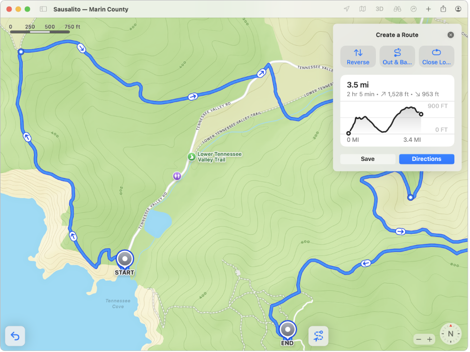 A map of a customized hiking path, with buttons to reverse or complete the hike, total length in distance and time, and elevation gain and loss.