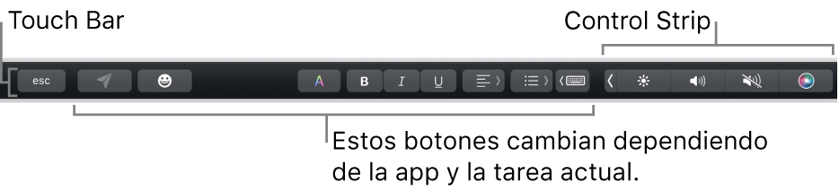 Touch Bar en la parte superior del teclado, mostrando la Control Strip contraída a la derecha y botones que varían según la app o tarea.