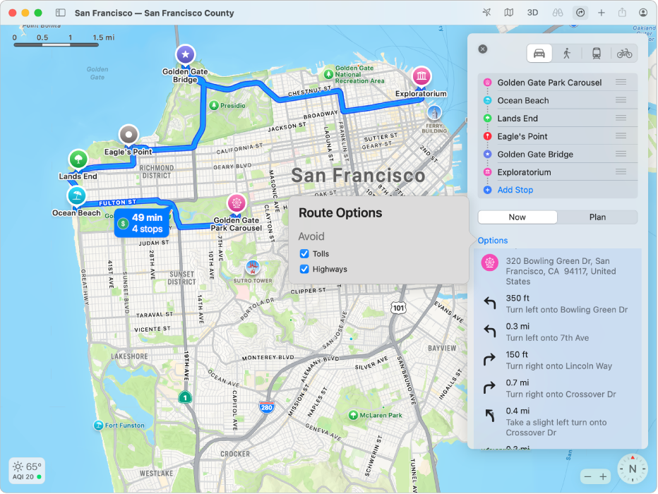 Un mapa de San Francisco mostrando una ruta con varias paradas.