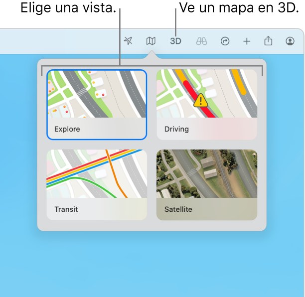 Se hace clic en el botón Mapa en la barra de herramientas y hay cuatro visualizaciones de mapas disponibles Explorar, Auto, Transporte público y Satelital.