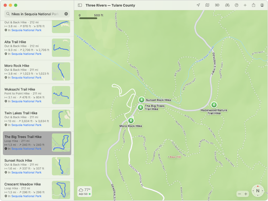 Un mapa de un parque nacional, mostrando resultados de búsqueda para rutas de senderismo en una lista a la izquierda y etiquetadas en el mismo mapa.