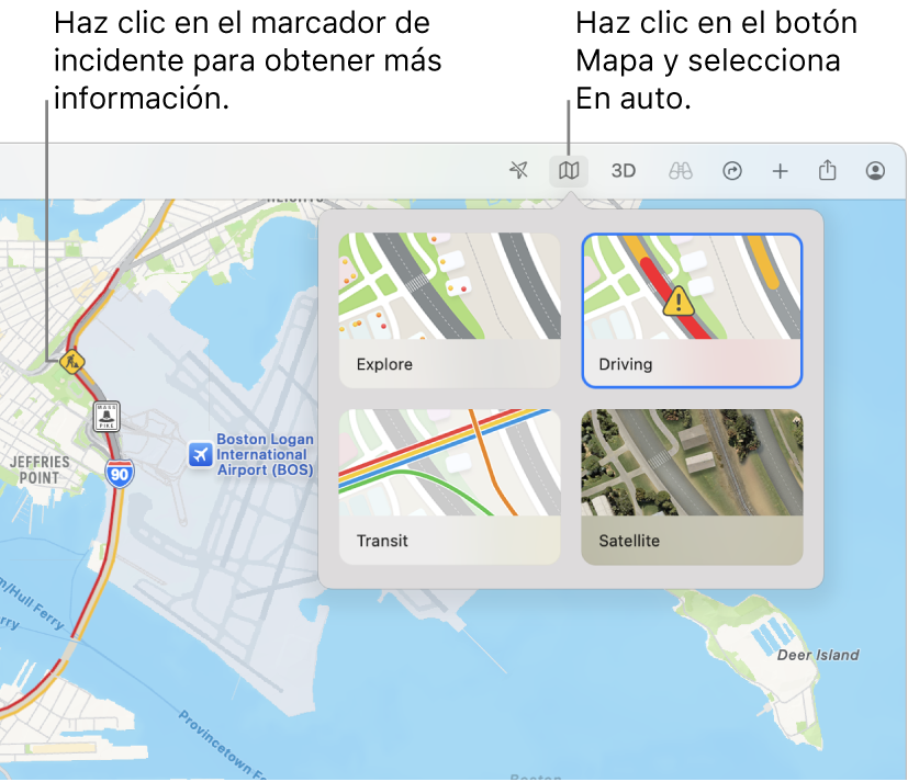 Un mapa de San Francisco mostrando las opciones del mapa, el mapa al volante seleccionado e incidentes de tráfico en el mapa.