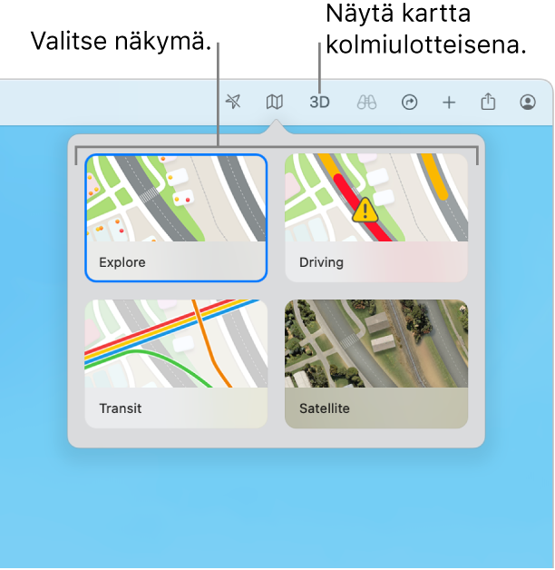 Kartta-painiketta on klikattu työkalupalkissa ja käytettävissä on neljä karttanäkymää: Tutustu, Ajo, Julkiset ja Satelliitti.