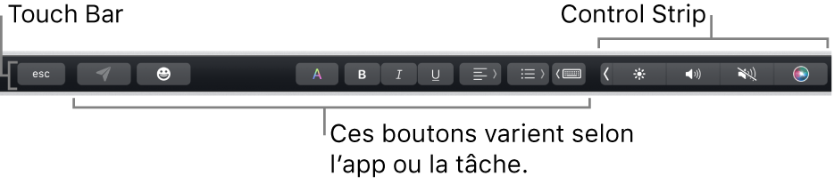 La Touch Bar en haut du clavier qui affiche la Control Strip développée à droite et des boutons qui varient selon l’app ou la tâche.