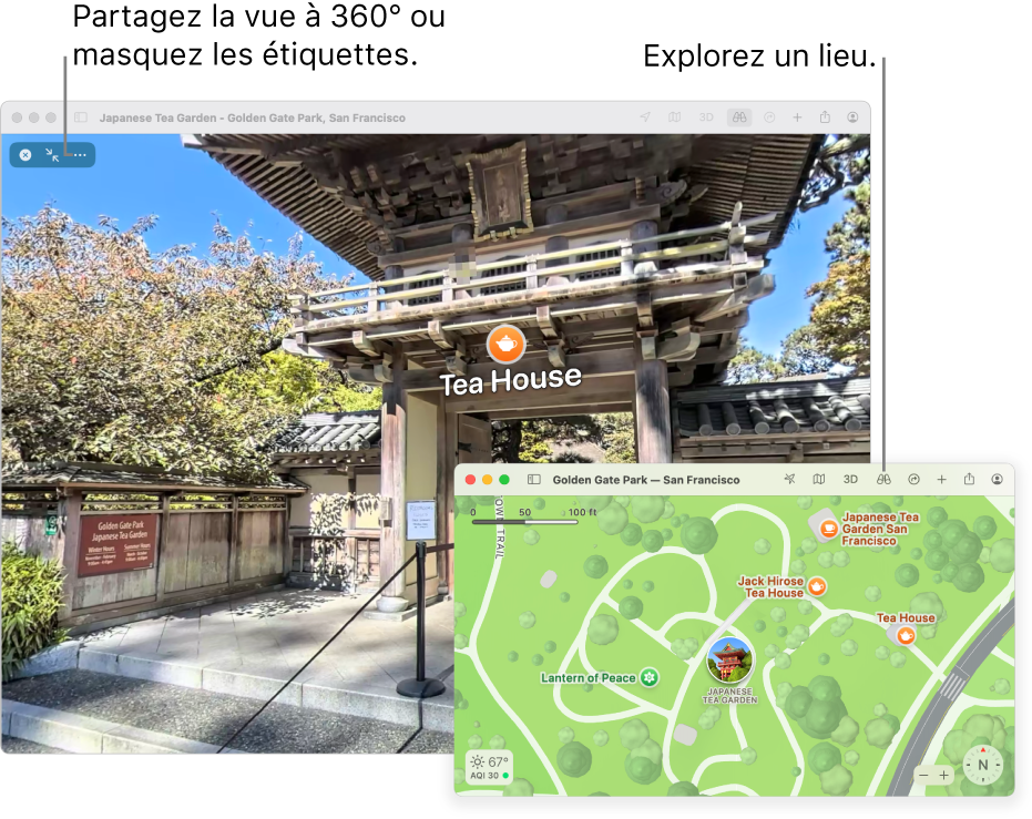 Une présentation interactive à 360 degrés d’une attraction locale à San Francisco qui montre un plan 3D dans le coin inférieur droit.