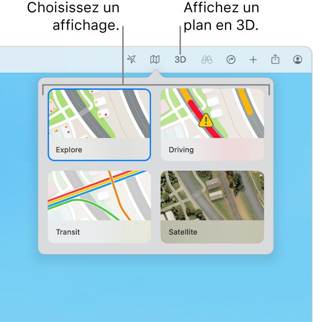 Le bouton Plan a été cliqué dans la barre d’outils, et quatre vues de plan sont disponibles : Explorer, En voiture, En transport et Satellite.