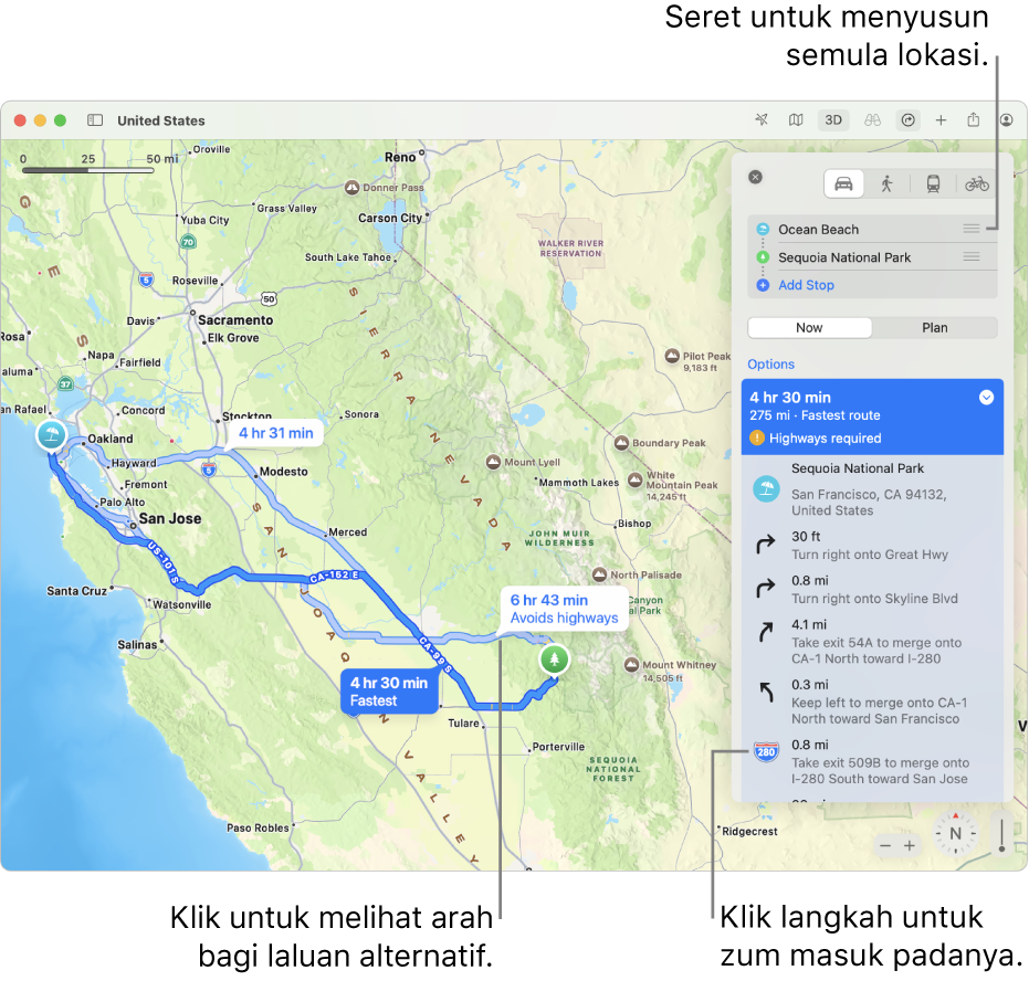 Peta kawasan San Francisco dengan arah untuk laluan memandu antara dua lokasi. Laluan alternatif juga ditunjukkan pada peta.