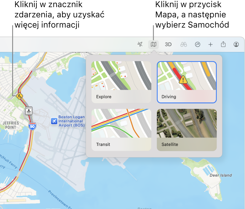 Mapa San Francisco. Widoczne są opcje mapy z zaznaczonym polem wyboru Samochód. Na mapie wyświetlane są zdarzenia drogowe.