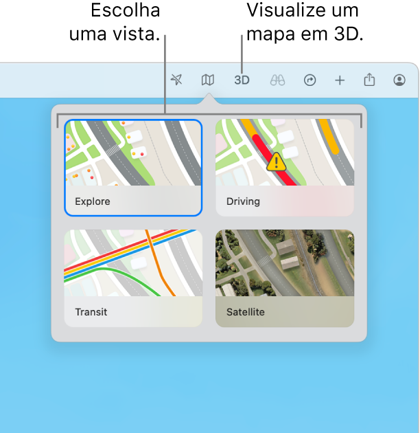 O botão Mapa foi clicado na barra de ferramentas e quatro visualizações de mapa estão disponíveis: Explorar, De carro, Transporte público e Satélite.