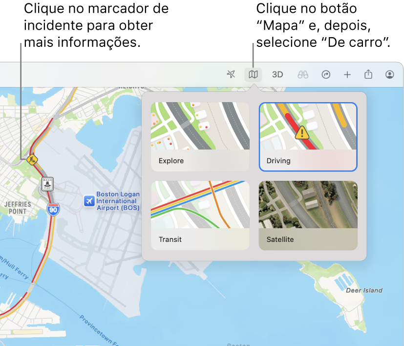 Um mapa de São Francisco com opções de mapa apresentadas, o mapa “De carro” selecionado e incidentes de trânsito no mapa.