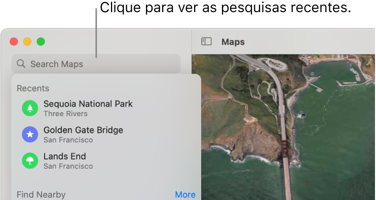 O campo de pesquisa está em cima à esquerda, com várias pesquisas recentes mostradas por baixo.