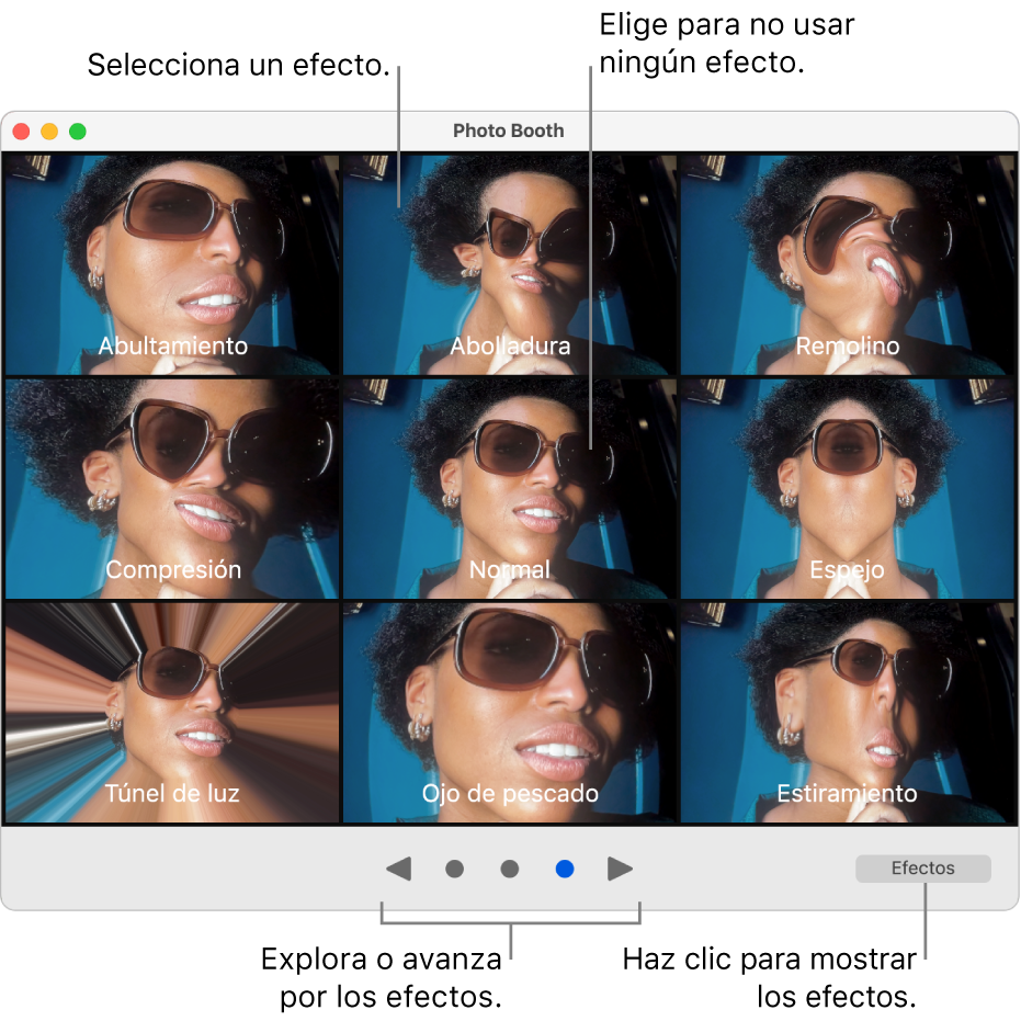 Ventana de Photo Booth mostrando una página de efectos, incluido Espejo, Compresión y más. Los botones de navegación están en la parte inferior central de la ventana y el botón Efectos está en la parte inferior derecha.