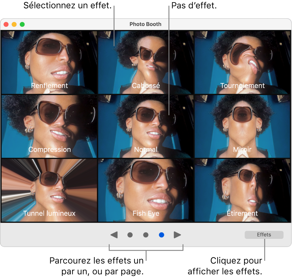 Une fenêtre Photo Booth présentant une page d’effets, comprenant Miroir, Compression, et bien d’autres. Les boutons de navigation se trouvent en bas au centre de la fenêtre et le bouton Effets se trouve en bas à droite.