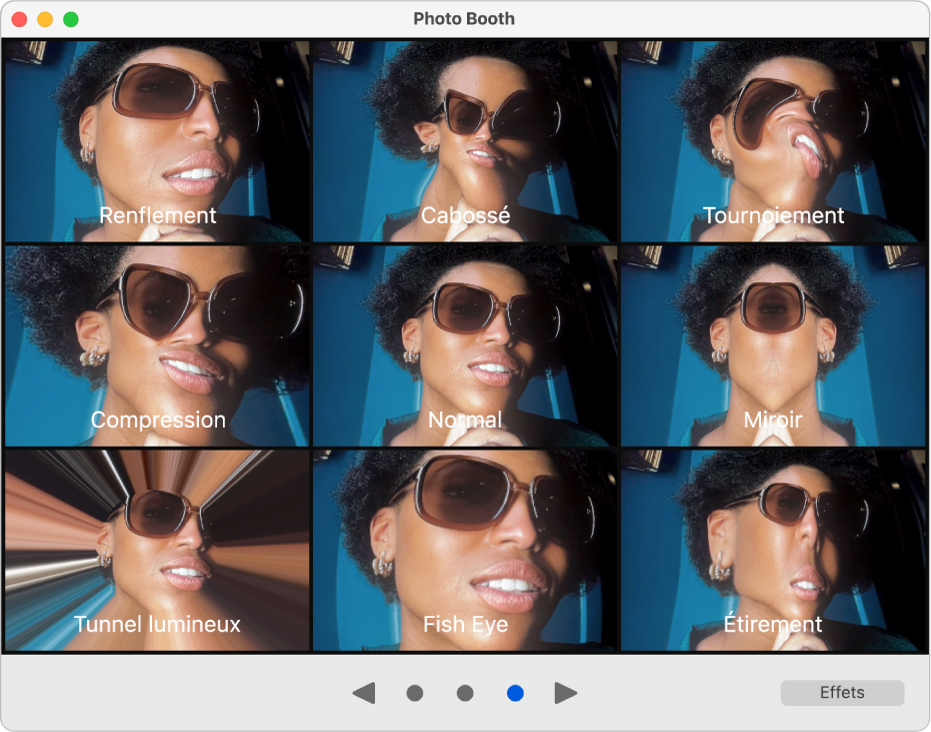 Une fenêtre Photo Booth présentant une page d’effets, comprenant Miroir, Compression, et bien d’autres. Les boutons de navigation se trouvent en bas au centre de la fenêtre et le bouton Effets se trouve en bas à droite.