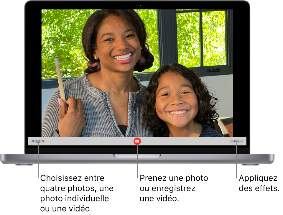 La fenêtre en représentant Photo Booth avec le bouton Prendre en bas. L’option permettant de prendre une seule photo est sélectionnée en bas à gauche de la fenêtre. Le bouton Effets se trouve en bas à droite de la fenêtre.