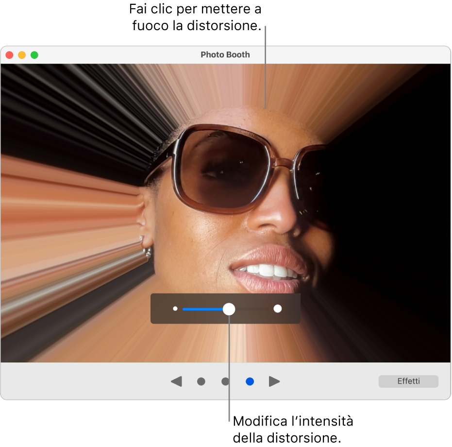 La finestra di Photo Booth con l’anteprima dell’effetto distorsione e il cursore per regolare l’effetto di distorsione.