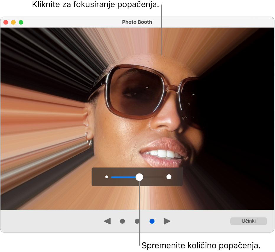 Okno Photo Booth prikazuje predogled učinka popačenja in drsnik za prilagajanje učinka popačenja.