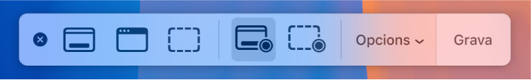 Les eines de captura de pantalla amb el botó Gravar a la dreta i el menú desplegable Opcions al seu costat.