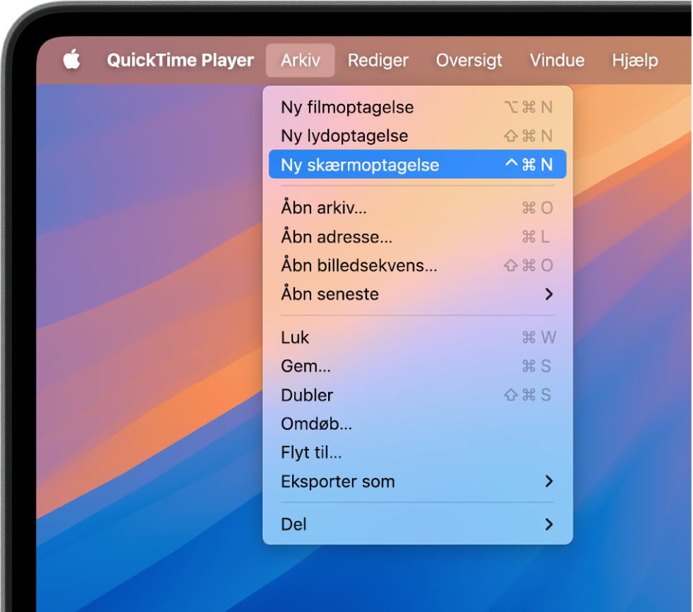 I appen QuickTime Player åbner du Arkivmenuen og vælger kommandoen Ny skærmoptagelse for at begynde en skærmoptagelse.