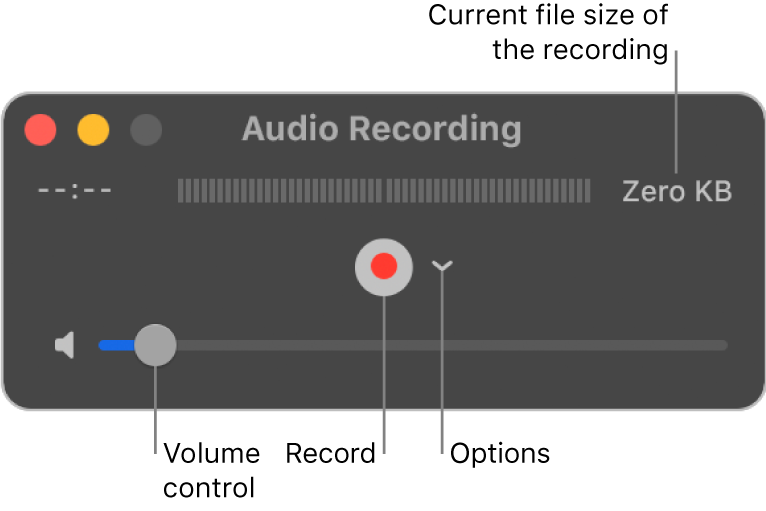 The Audio Recording window with the Record button and the Options pop-up menu in the centre of the window, and the volume control at the bottom.