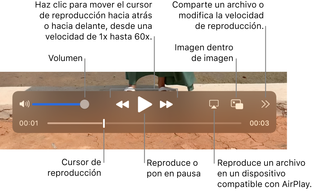 Controles para volumen, retroceder, reproducir, avanzar rápidamente, reproducir un archivo en un dispositivo compatible con AirPlay y cambiar la velocidad de reproducción.