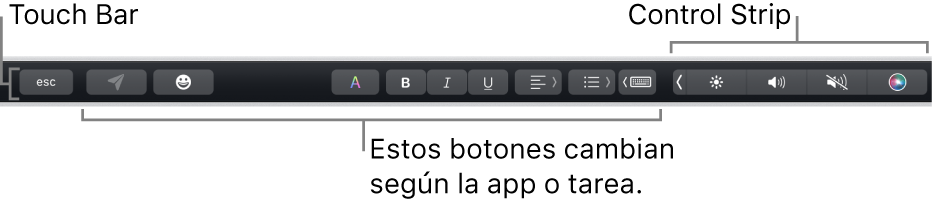 La Touch Bar en la parte superior del teclado, con la Control Strip contraída a la derecha y botones que varían según la app o la tarea.