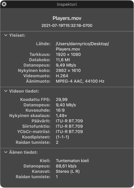 Elokuvainspektori, jossa näkyy yleisiä tietoja tiedostosta, kuten tarkkuus, datakoko sekä video- ja äänimuoto. Ikkunassa näkyy myös valitun tiedoston video- ja äänitietoja.