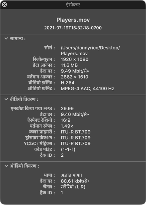 फ़ाइल के बारे में सामान्य जानकारी दिखाता मूवी इंस्पेक्टर, जिसमें शामिल हैं रिज़ोल्यूशन, डेटा आकार और वीडियो और ऑडियो फ़ॉर्मैट। विंडो चुनी गई फ़ाइल के बारे में वीडियो और ऑडियो विवरण भी दिखाती है।