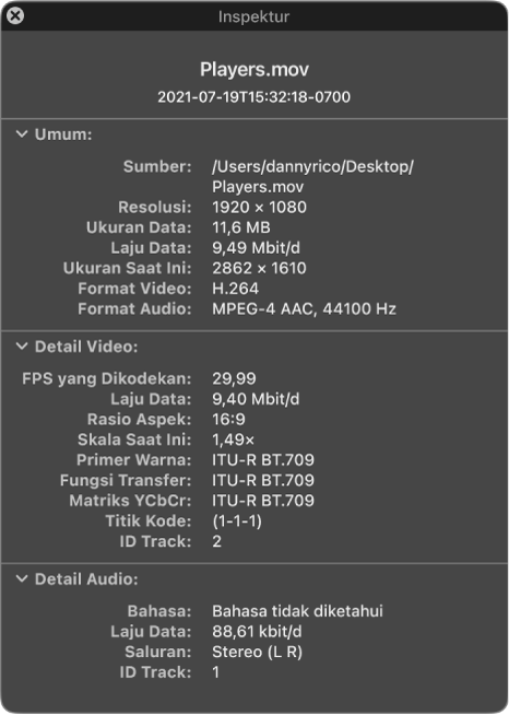 Inspektur Film menampilkan informasi umum mengenai file termasuk resolusi, ukuran data, dan format video serta audio. Jendela juga menampilkan detail video dan audio mengenai file yang dipilih.