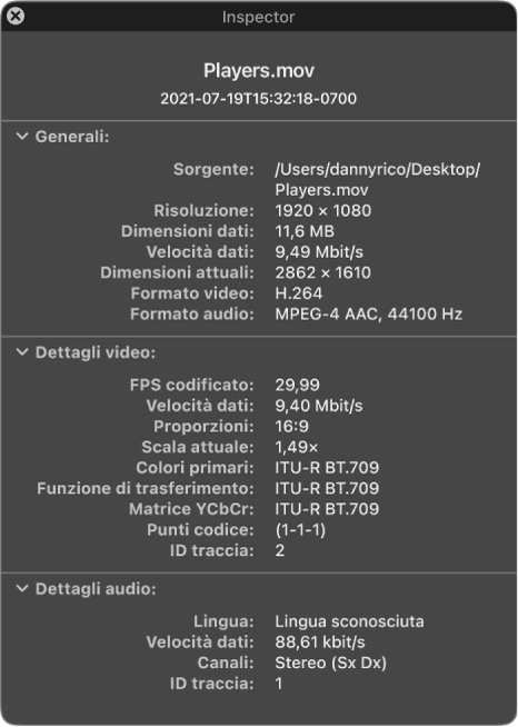 Inspector filmato che mostra informazioni generali sul file, tra cui risoluzione, dimensione dati e formato video e audio. La finestra mostra anche dettagli video e audio del file selezionato.