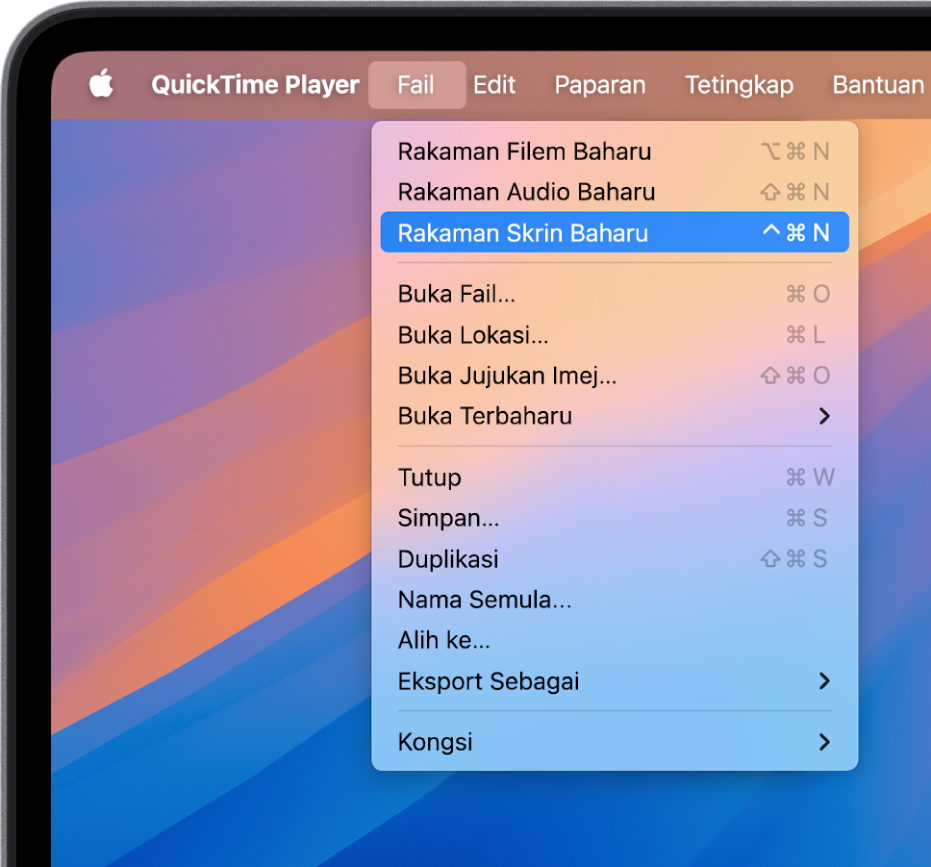 Dalam app QuickTime Player, menu Fail terbuka dan perintah Rakaman Skrin Baru dipilih untuk mula merakam skrin.