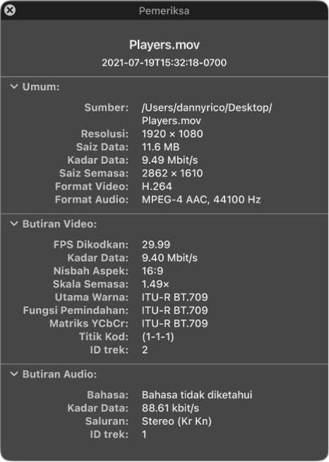 Pemeriksa Filem menunjukkan maklumat umum tentang fail termasuk resolusi, saiz data, serta format video dan audio. Tetingkap juga menunjukkan butiran video dan audio tentang fail dipilih.