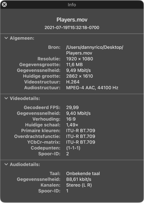 Het filminfovenster met algemene informatie over het bestand zoals resolutie, gegevensgrootte en video- en audiostructuur. Het venster toont ook video- en audiogegevens over het geselecteerd bestand.