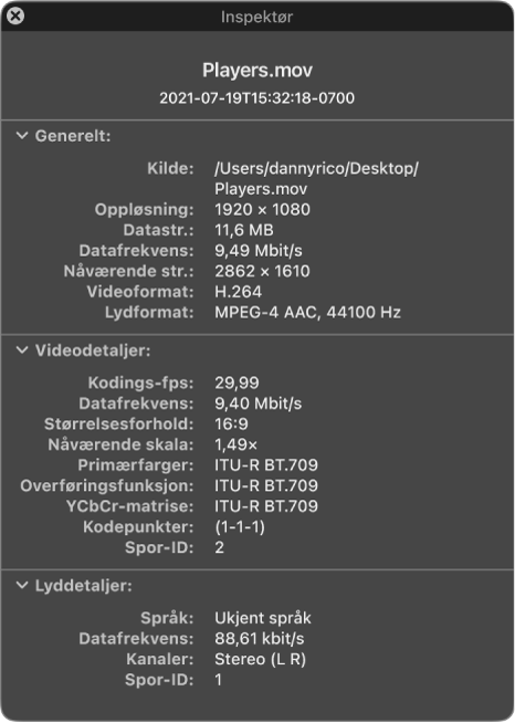 Filminspektøren viser generelle informasjon om filen inkludert oppløsning, datastørrelse og lyd- og videoformat. Vinduet viser også lyd- og videodetaljer om den markerte filen.