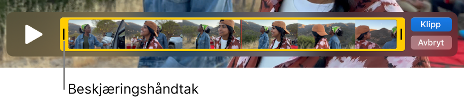 Et klipp i QuickTime Player-vinduet som viser en del av klippet omsluttet av de gule håndtakene, og resten av det utenfor de gule håndtakene. Klipp-knappen og Avbryt-knappen er til høyre.
