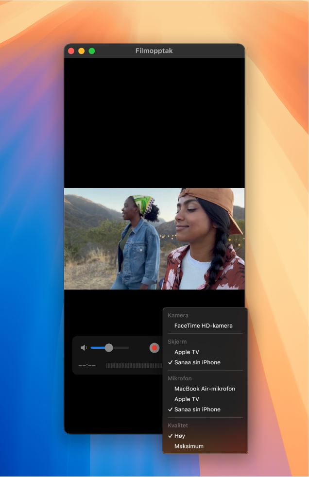 QuickTime Player-vinduet på Mac under opptak med en iPhone.