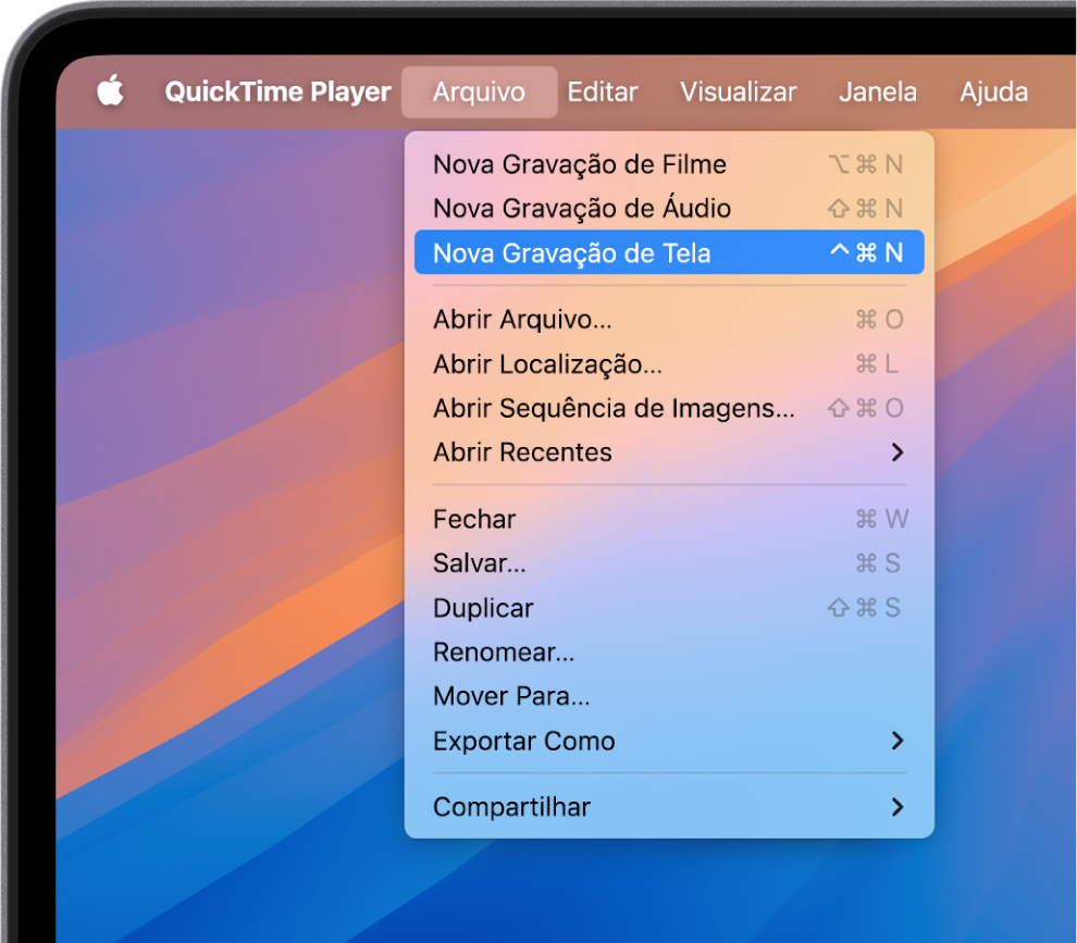 No aplicativo QuickTime Player, o menu Arquivo está aberto, e o comando Nova Gravação de Tela está sendo escolhido para iniciar a gravação da tela.