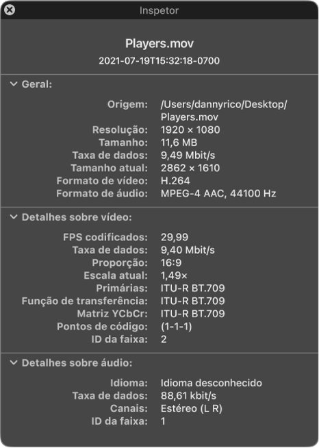 O inspetor do filme a mostrar informações gerais sobre o ficheiro, incluindo resolução, tamanho de dados, e formato de vídeo e áudio. A janela também mostrar detalhes de vídeo e áudio sobre o ficheiro selecionado.