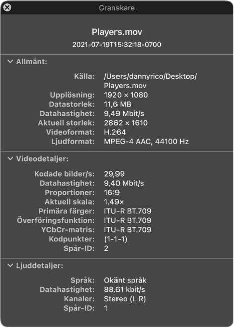 Filmgranskaren med allmän information om filen, bl.a. upplösning, datastorlek och video- och ljudformat. I fönstret visas också information om video och ljud för den markerade filen.