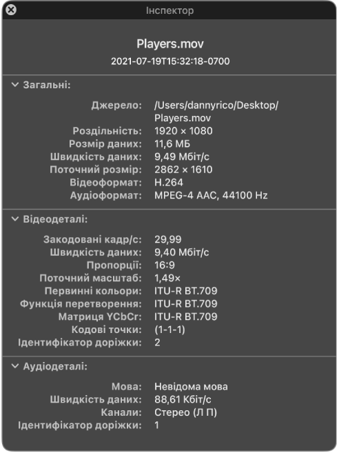 Інспектор фільмів відображає загальну інформацію про файд, включно з роздільністю, розміром даних і форматом відео й аудіо. Вікно також відображає відомості про відео й аудіо виибраного файлу.